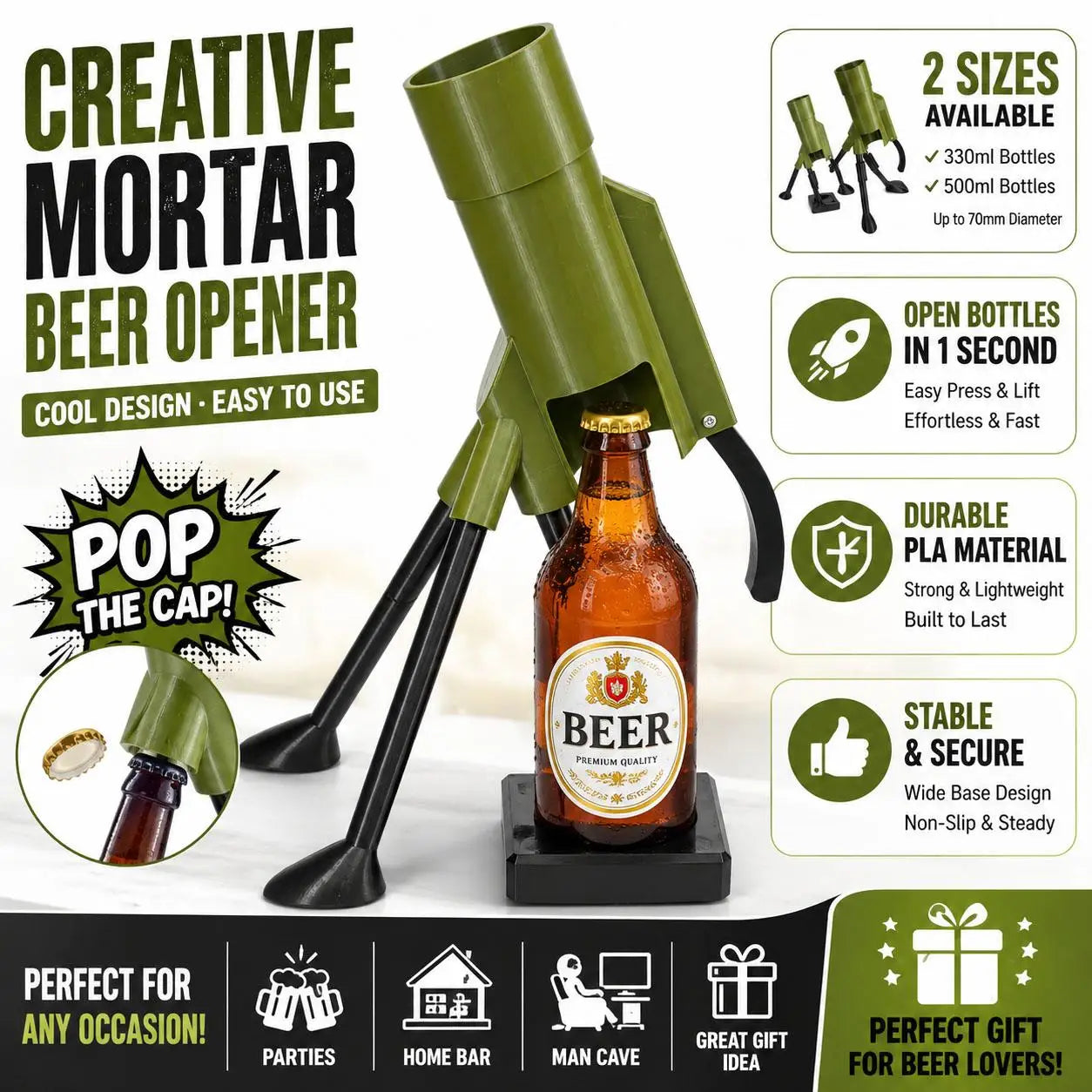 Hands-Free Beer Bottle Opener with Cap Launcher - Innovative Mortar Style Gadget for Home Use